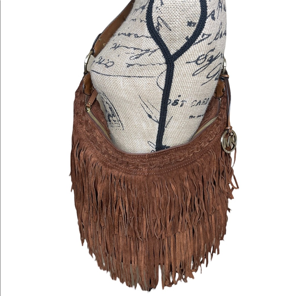 Michael Kors Womens Brown Hippy Leather Designer Handbag / Purse Fringe Zipper